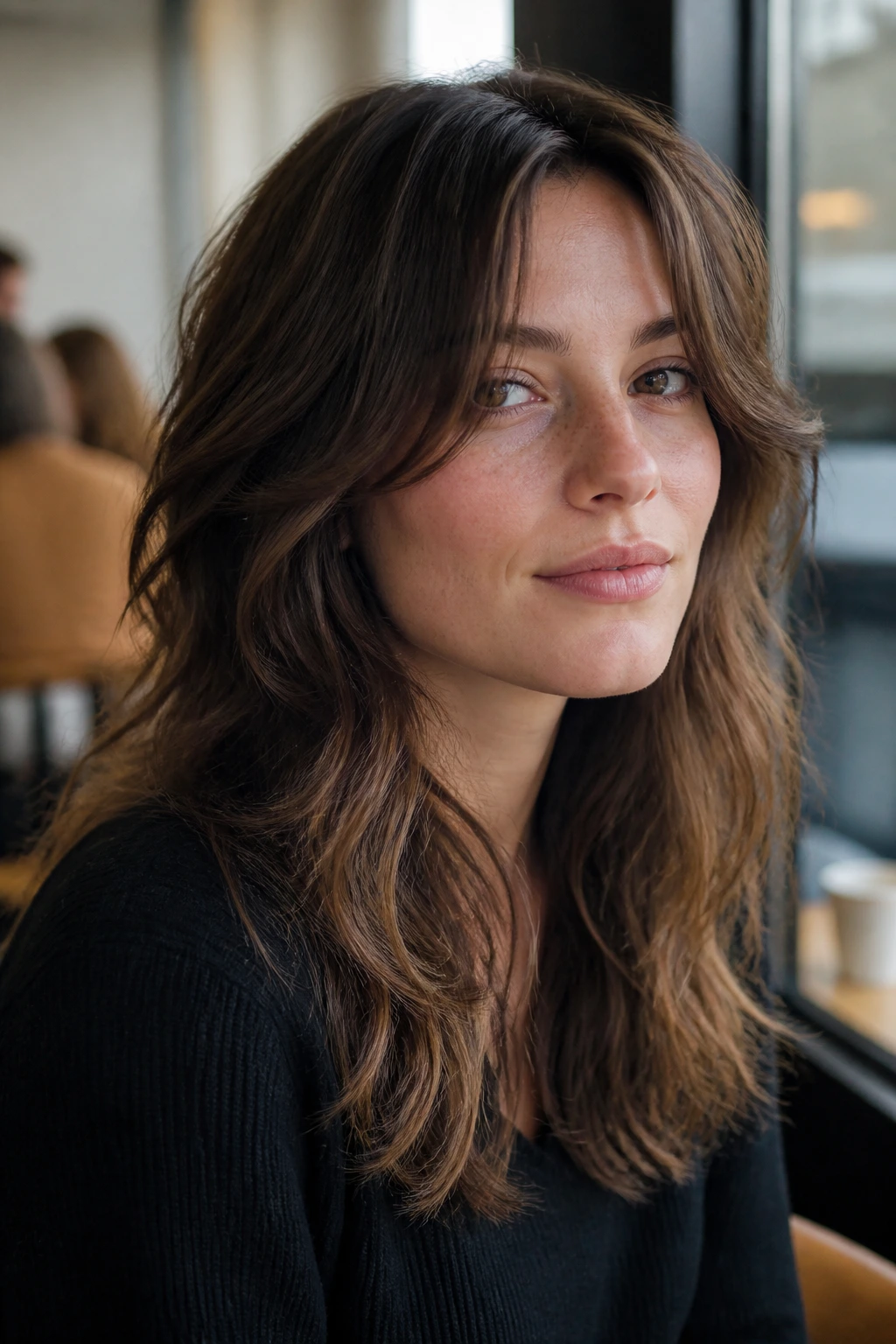 Close-up of long wavy hair with face-framing layers highlighting facial features