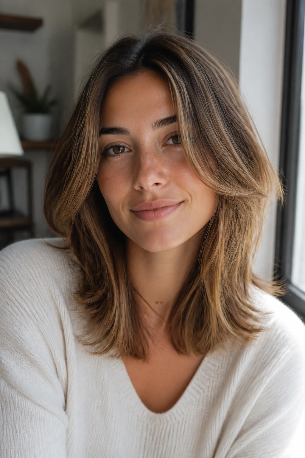 Mid-length hair with chin-level face-framing layers on a real person