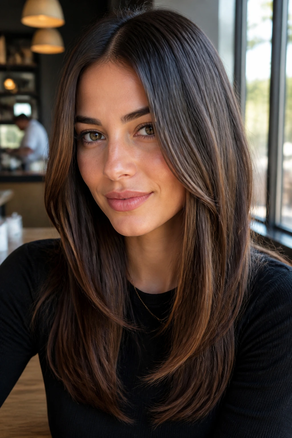 Close-up of a real woman with face-framing layers and a middle part in daylight