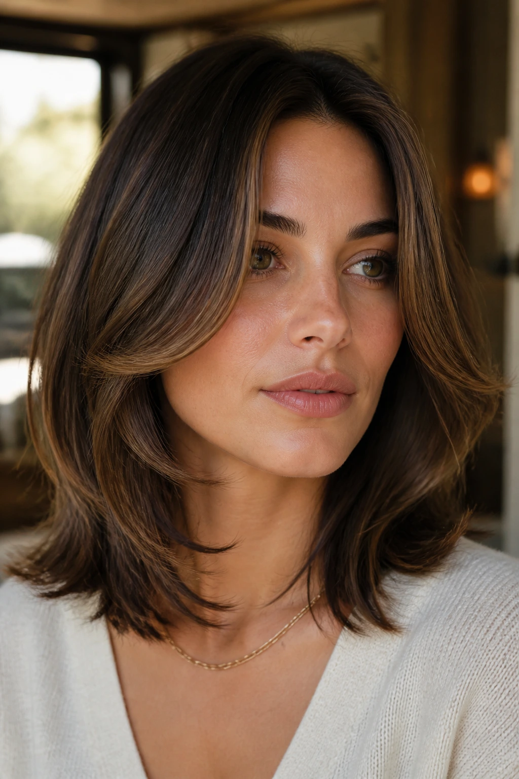 Close-up portrait showing face-framing layers around cheeks on a real woman, with soft natural light.