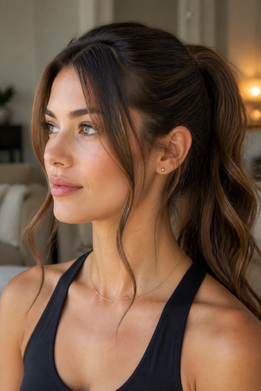 Close-up of a real woman with face-framing layers in a ponytail in a softly lit room