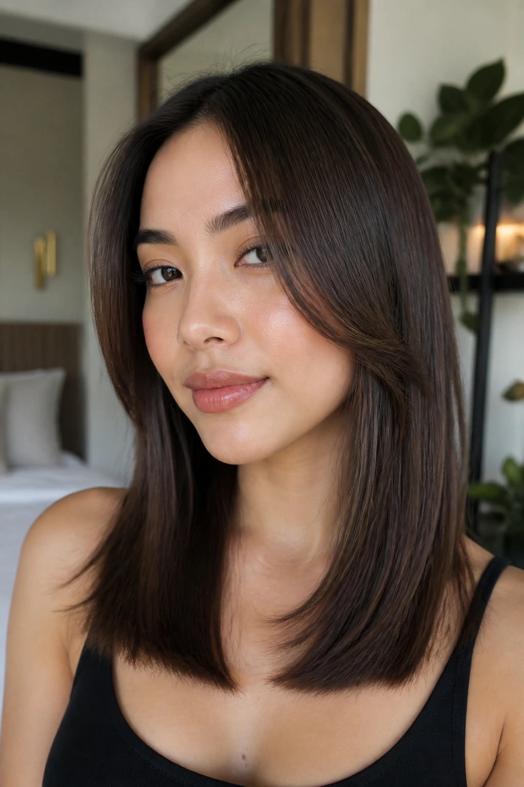 Close-up of a real woman showing face-framing layers around the chin with straight ends.