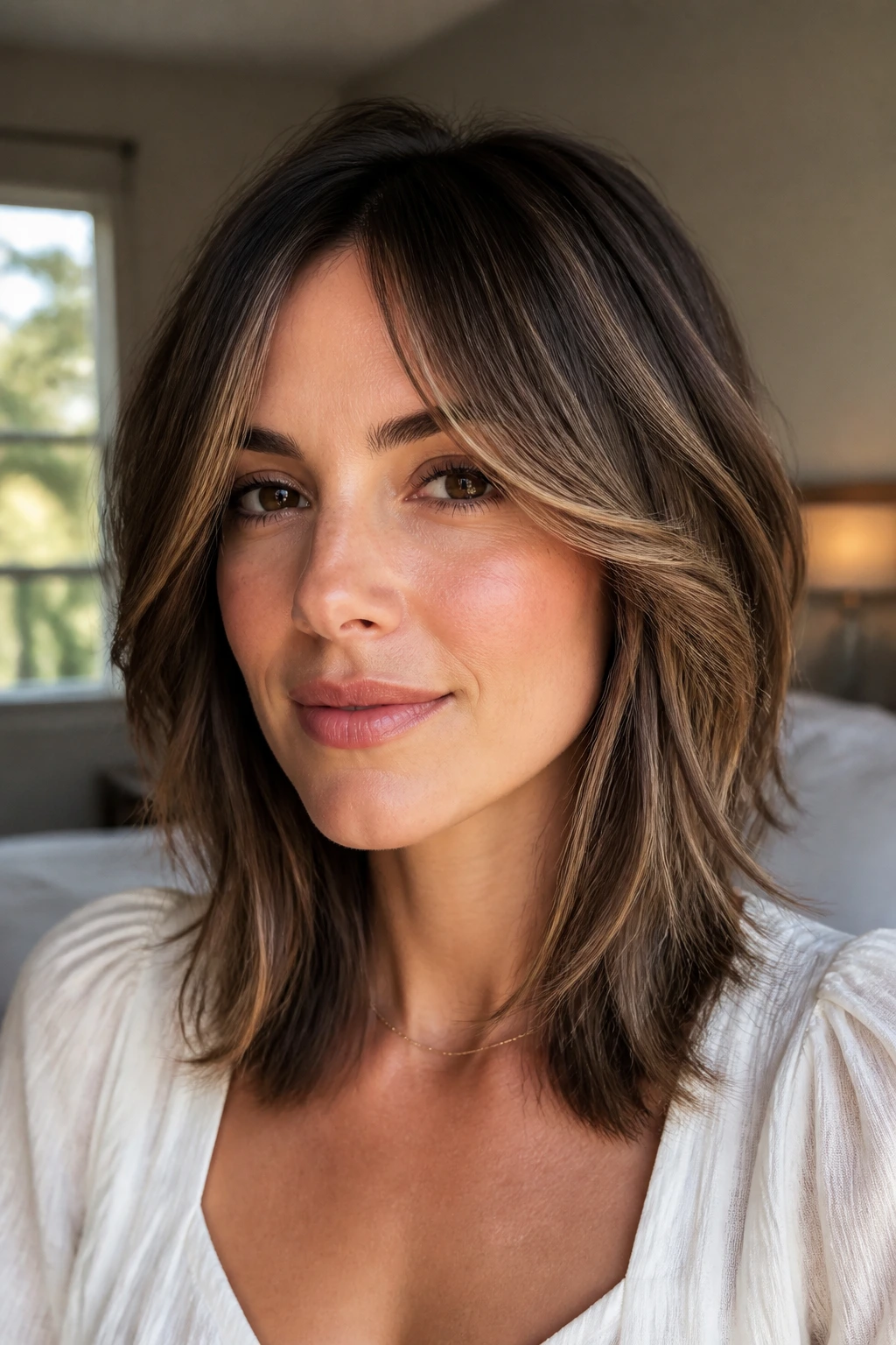 Real person with soft face-framing layers and cheekbone-skimming front pieces