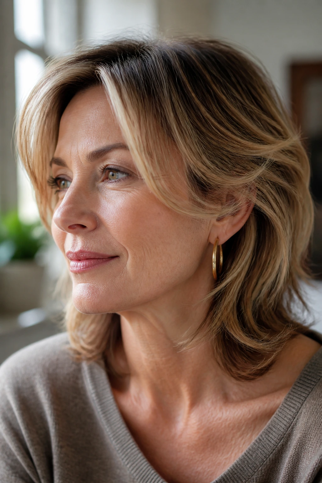Woman with face-framing layers starting at the cheekbone and light-end shine