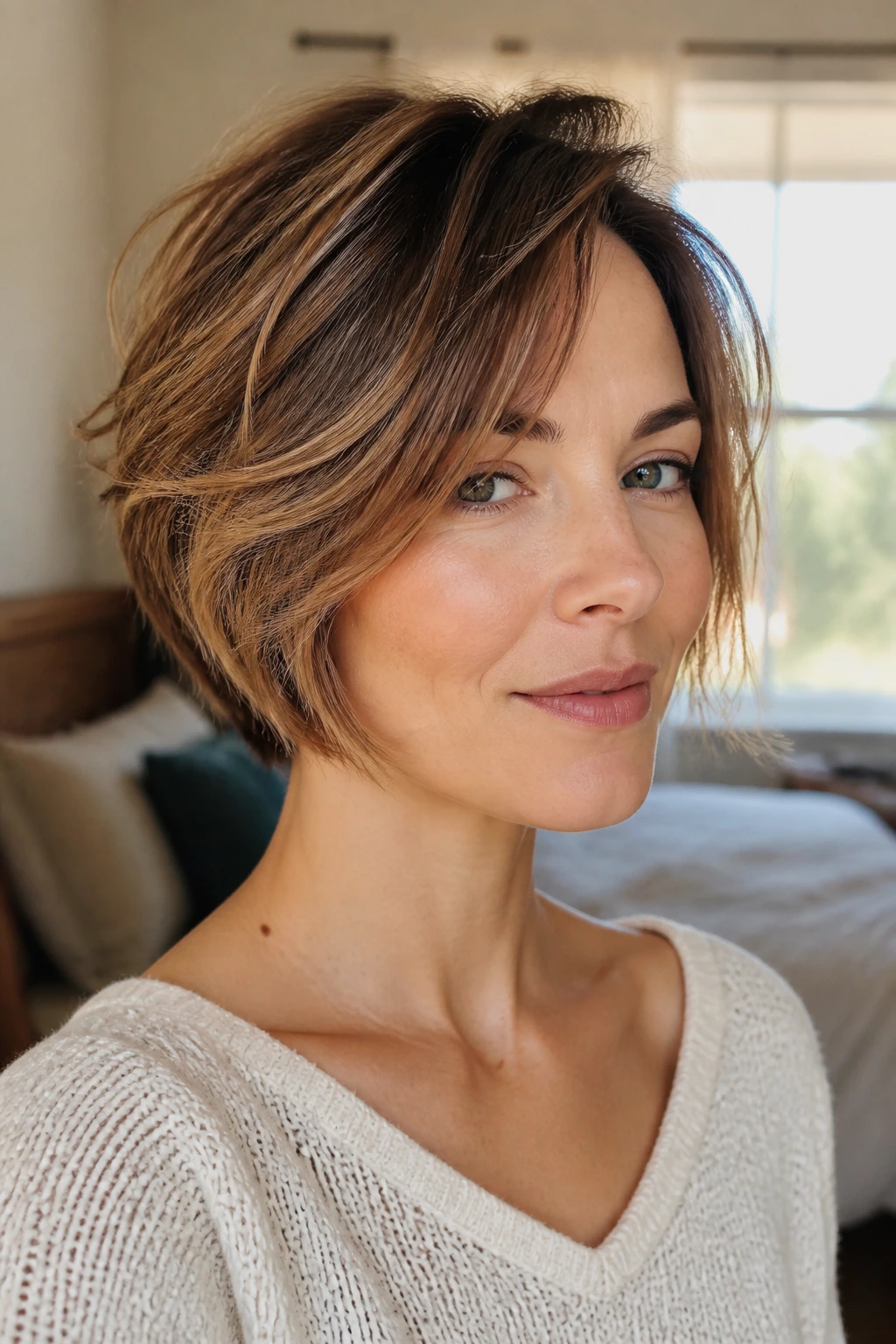 Close-up of a real woman with face-framing short layers around the cheeks