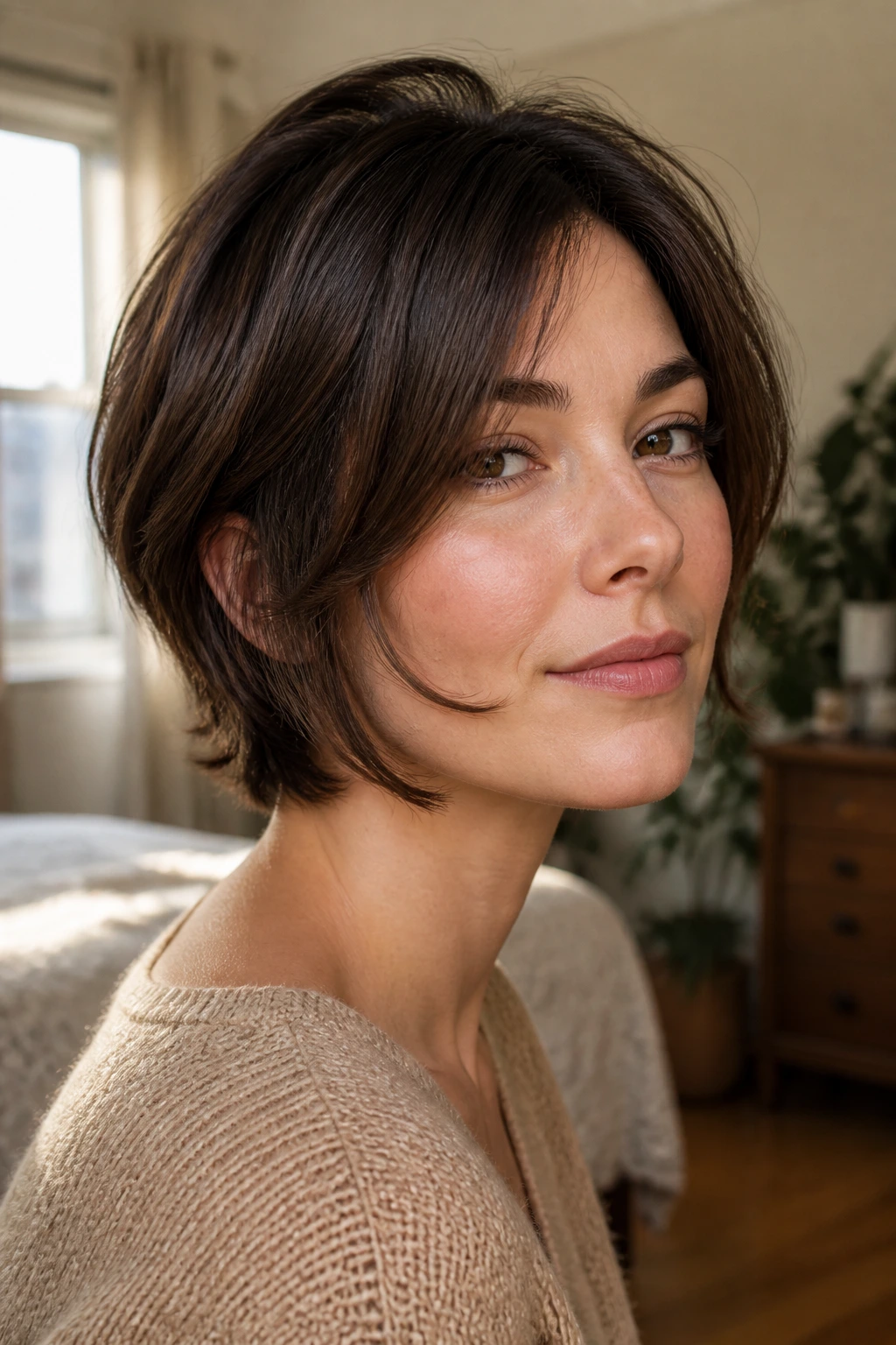 Close-up portrait of a real woman with short hair showing face-framing layers by cheek and jaw in warm window light