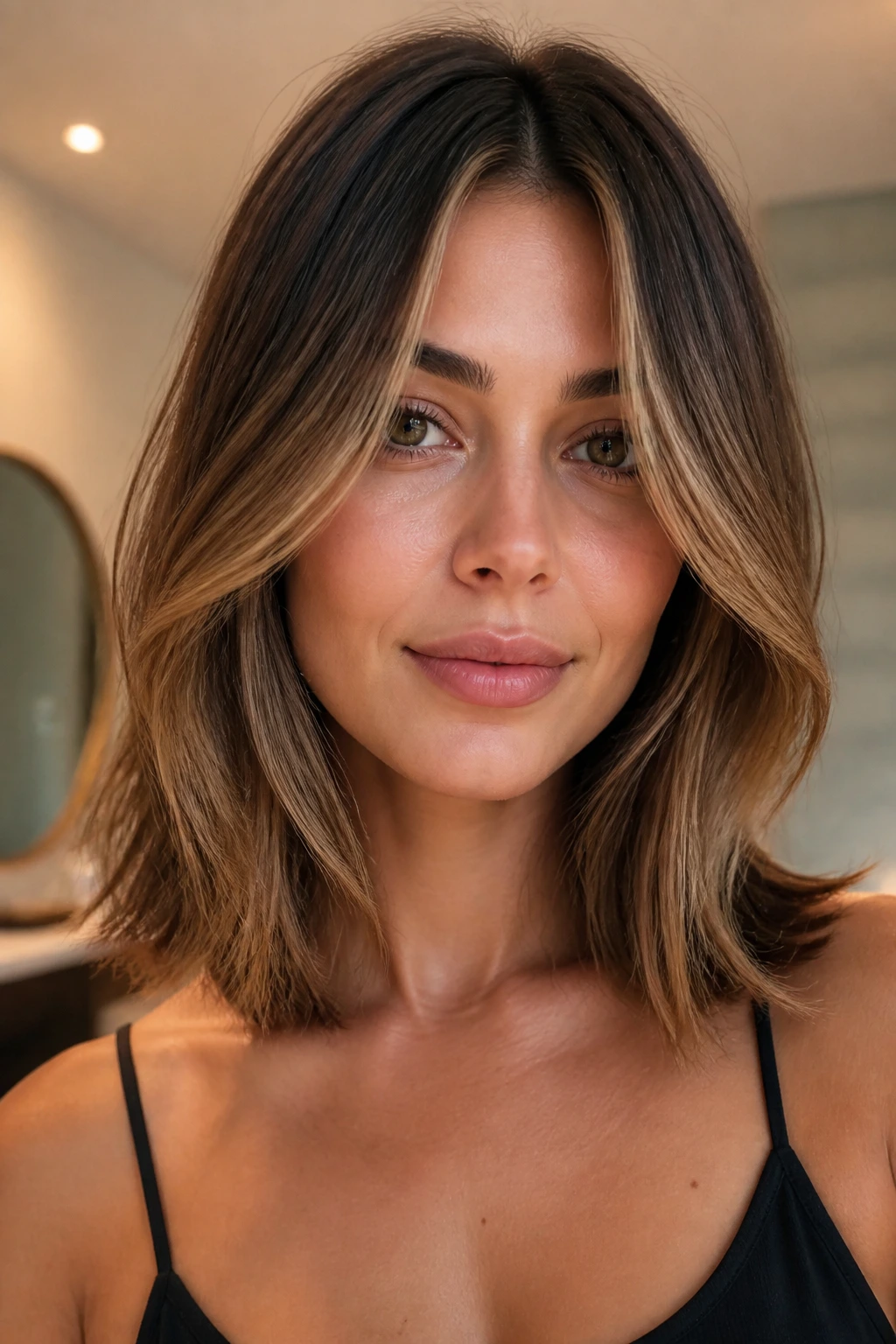 Close-up of a woman with face-framing layered shoulder-length hair and center part