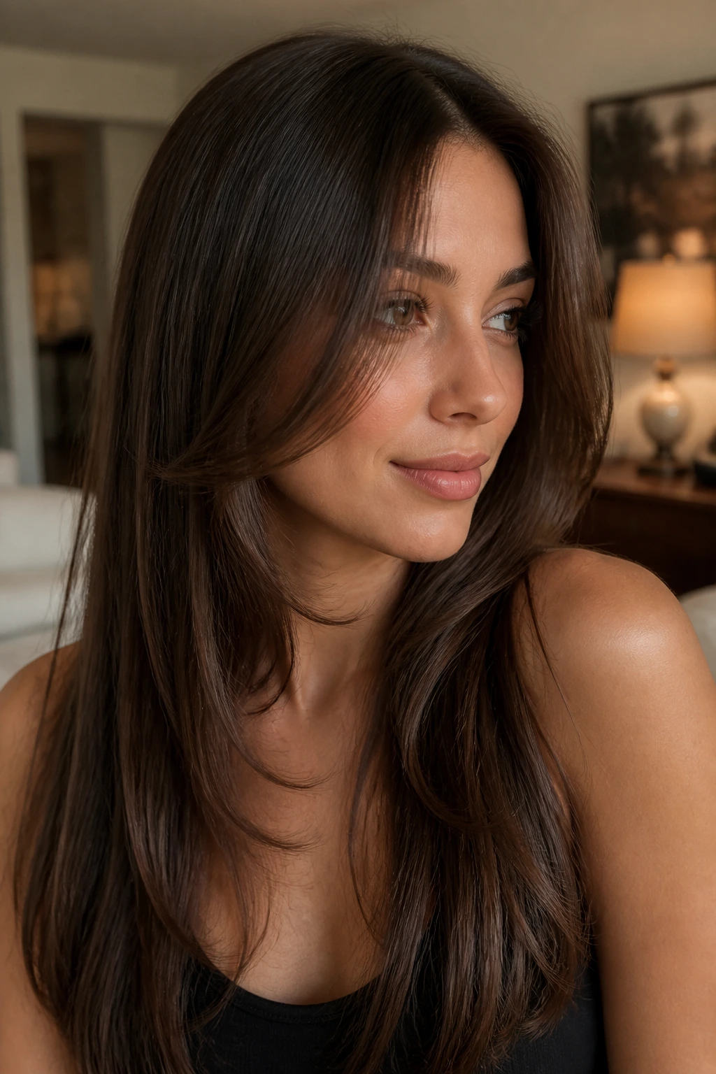 Close-up of a woman with face-framing layers and a soft bend in the front
