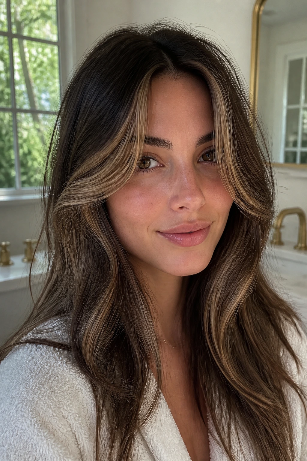 Portrait of a woman with softly styled face-framing layers.
