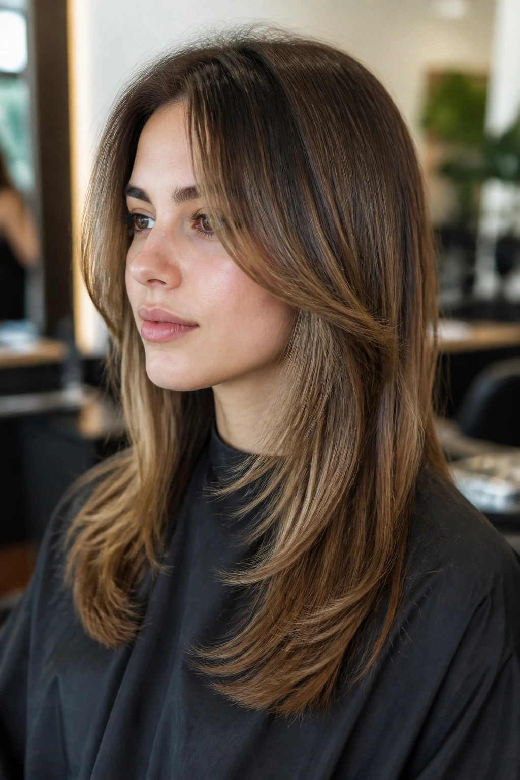 Close-up portrait showing length-focused face-framing pieces in hair