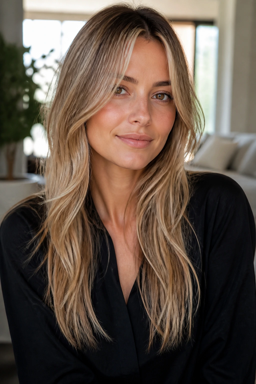 Close-up portrait of a woman with front face-framing layers in a Fine-Hair Lift, soft cheek framing and subtle root lift