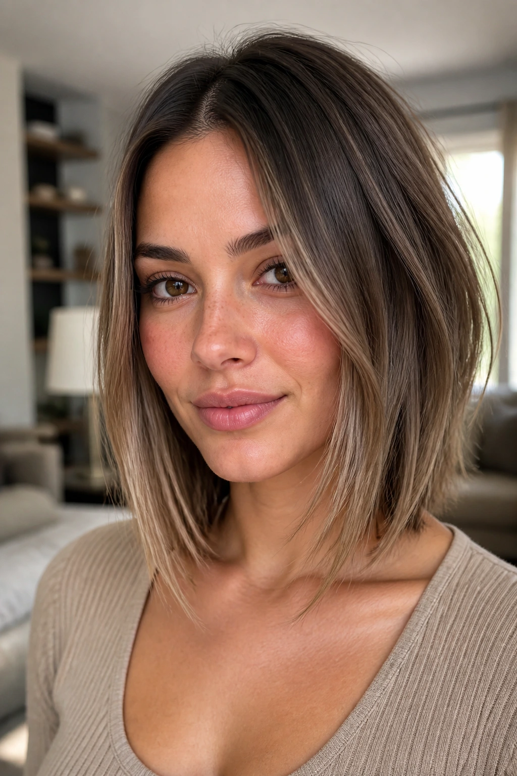 Close-up of a real woman with Face-Framing Lob front pieces skimming cheeks