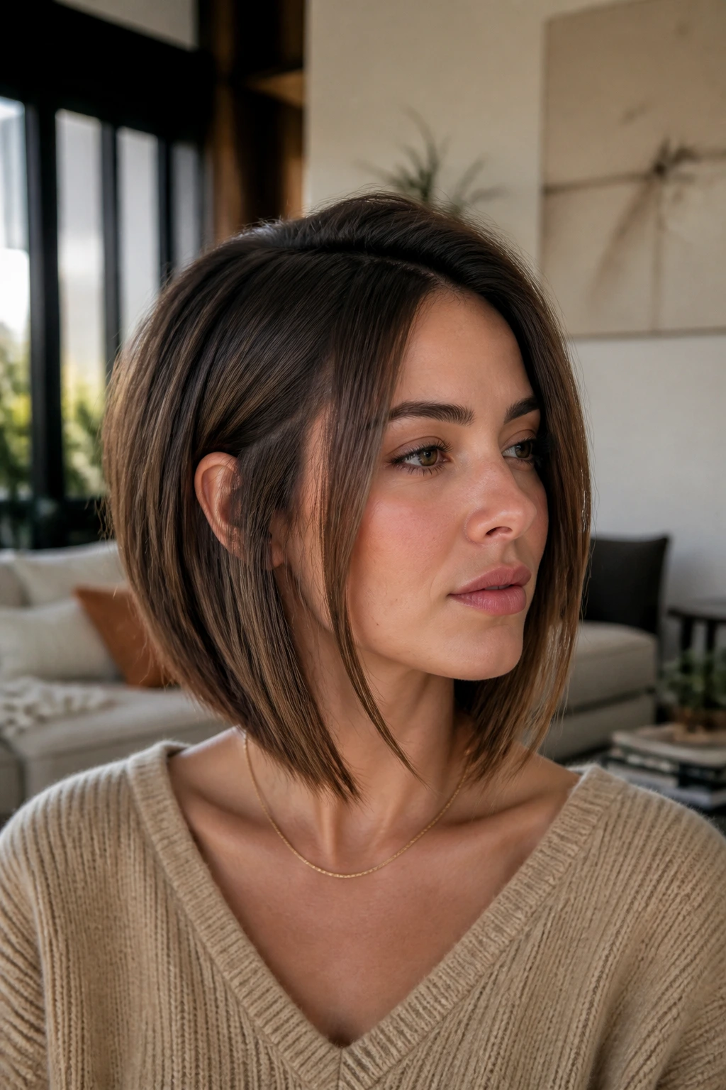Real person with face-framing lob and longer front pieces