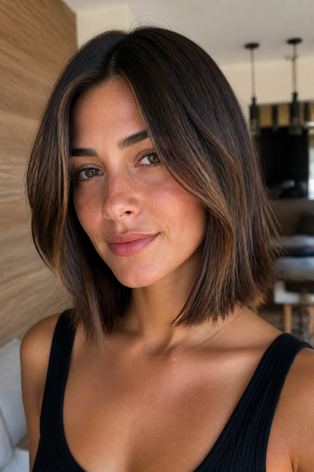 Close-up of a real woman with chin-to-collarbone face-framing lob