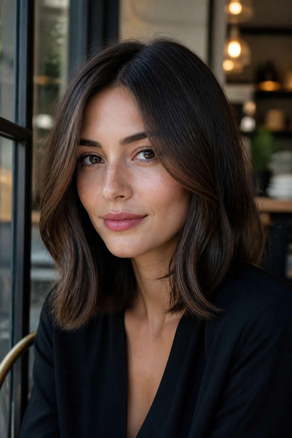Portrait of a real person with face-framing lob pieces around the cheeks.