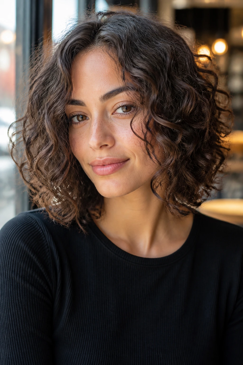 Close-up of a real woman with a face-framing lob bob in a bright cafe setting