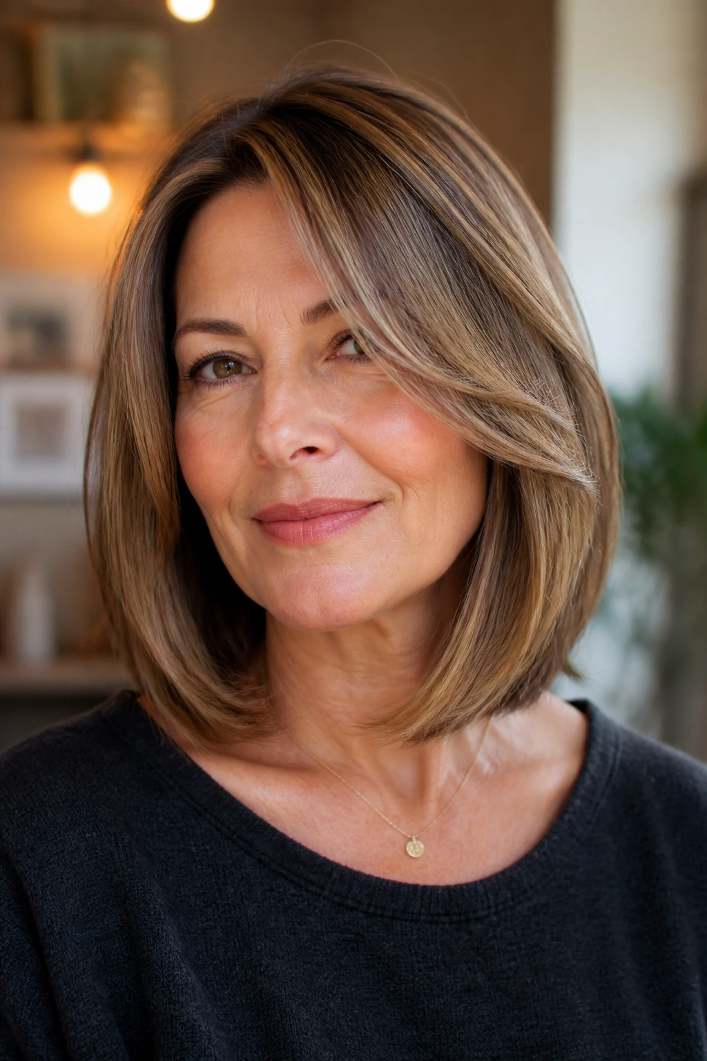 Portrait of a real woman with cheekbone-layered lob highlighting cheekbones