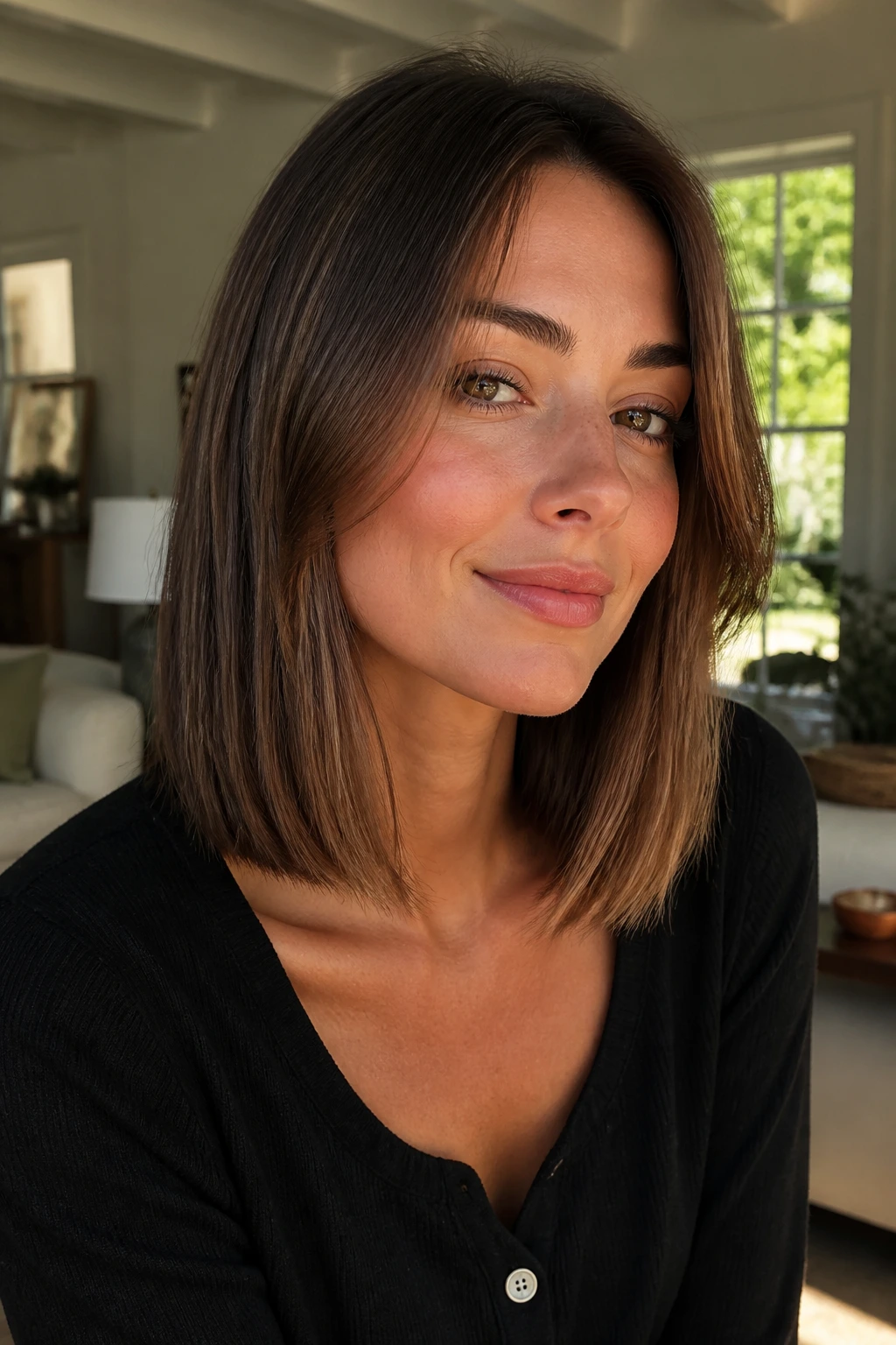 Close-up portrait of a real woman with a face-framing lob at cheekbones, warm window light
