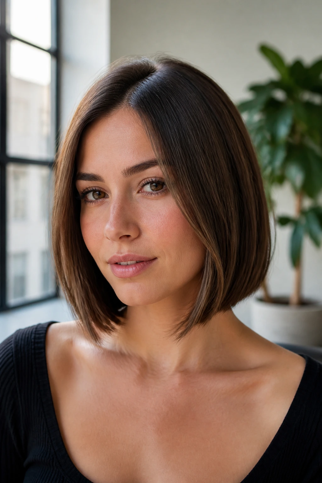 Close-up Face-Framing Lob with Clean Ends hairstyle on a real woman with clean straight ends