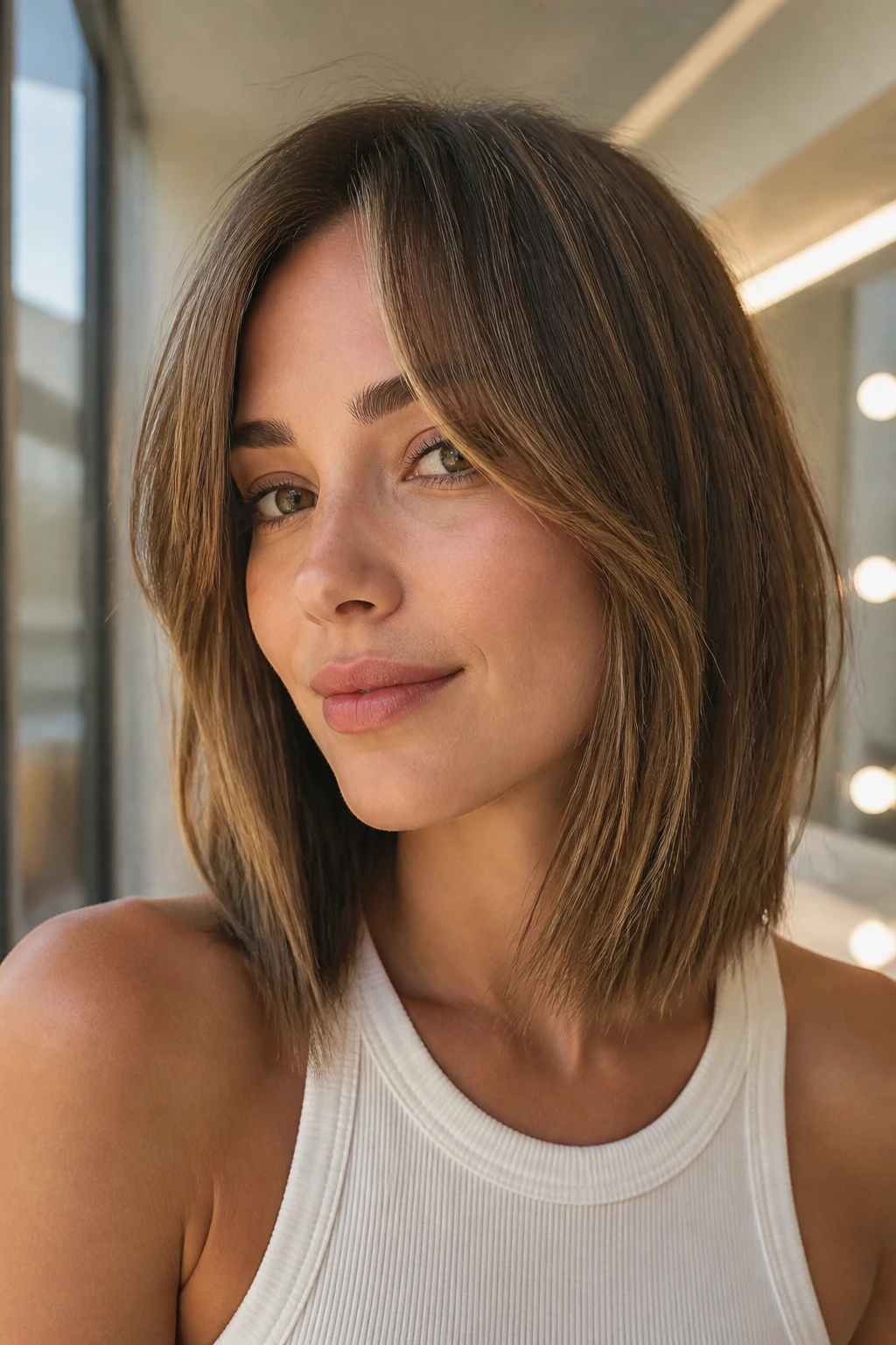 Close-up of a real person with curtain fringe blending into face-framing layers