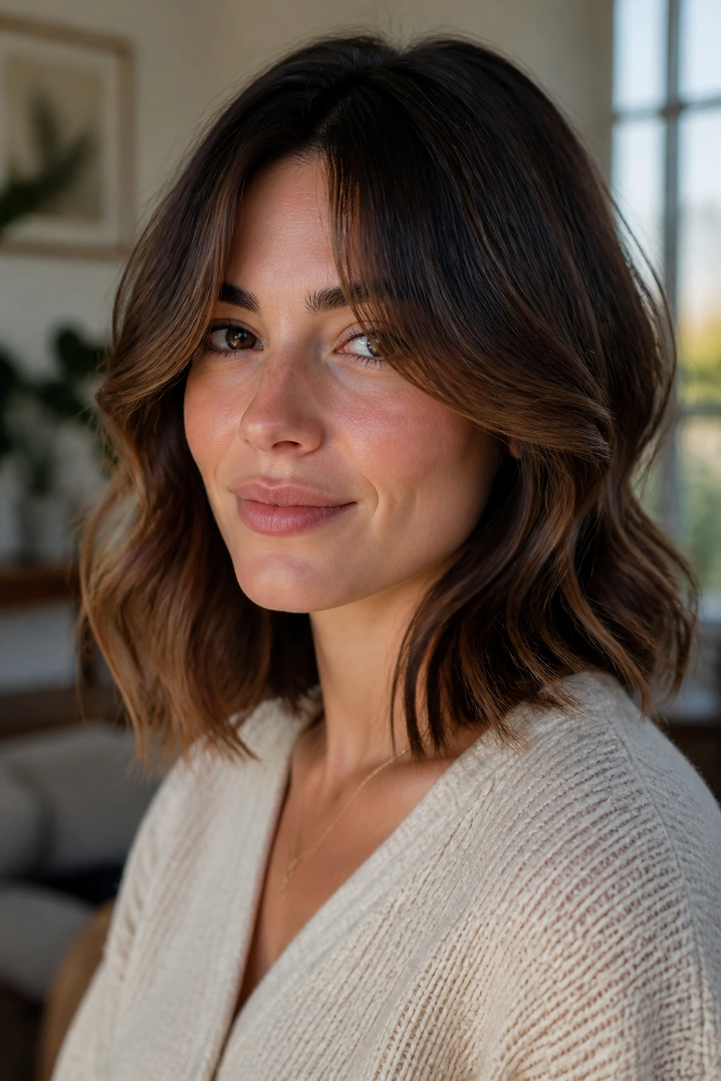 Close-up portrait of a real woman with face-framing lob and long curtain fringe
