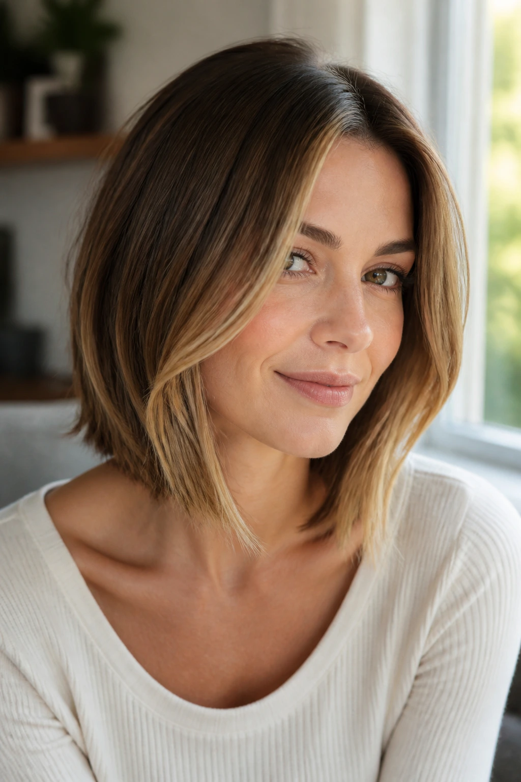 Close-up of a real woman with front-framing lob and shorter front pieces