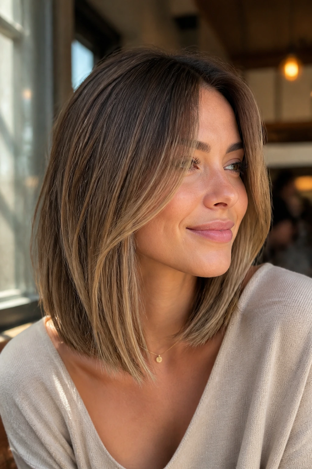 Portrait of a real woman with face-framing lob pieces around the cheeks and jaw