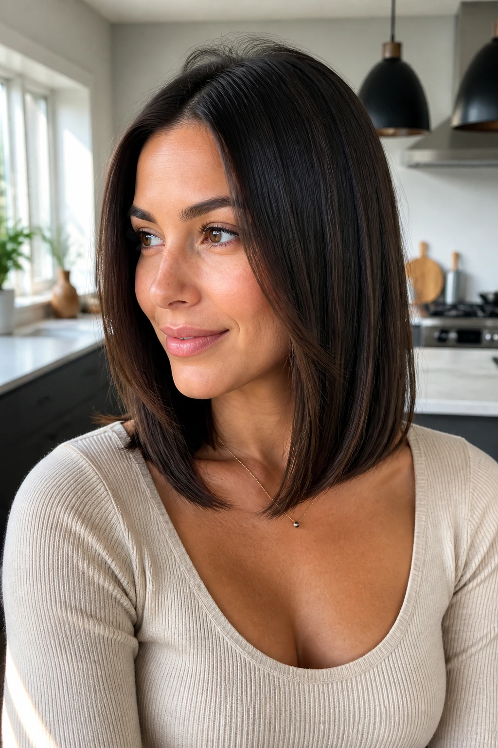 Close-up of a real woman with a face-framing lob and clean, straight ends