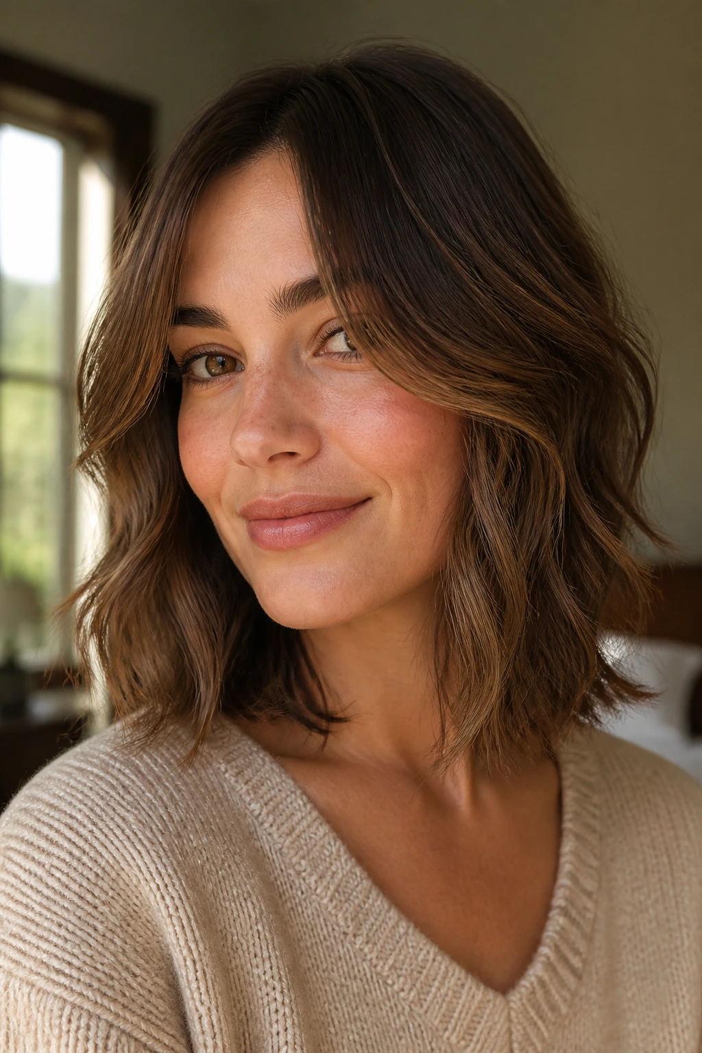 Portrait showing a face-framing lob with cheek and jaw-framing pieces