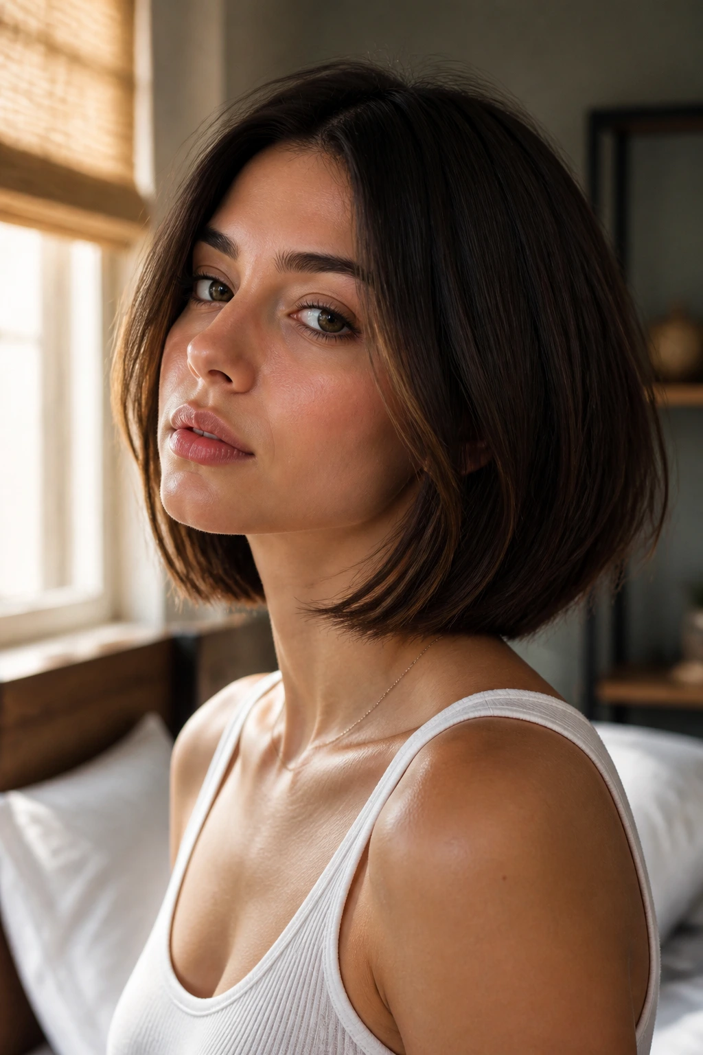 Close-up portrait of a woman with a face-framing lob and cheekbone-length front pieces in warm window light.