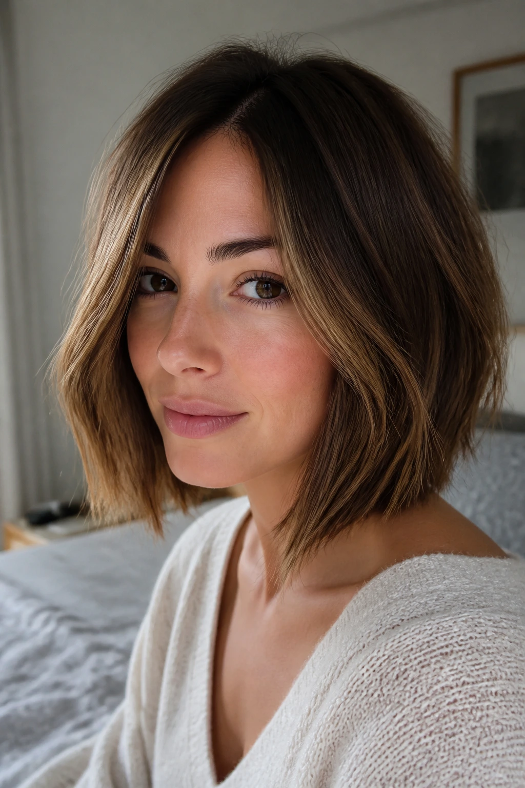 Close-up of a real woman with face-framing lob front pieces around cheeks in soft light