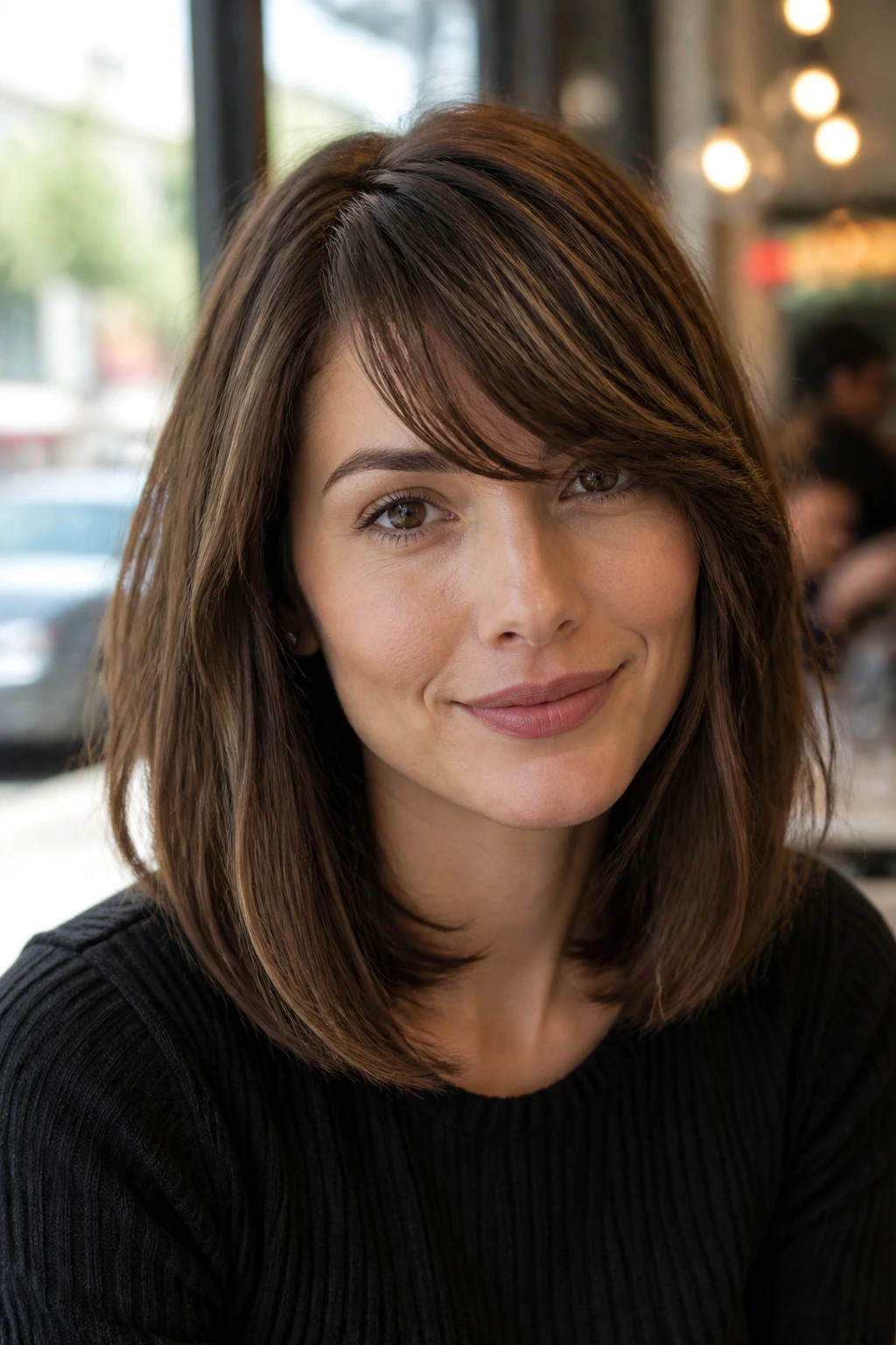 Medium close-up of a person with face-framing lob and side bangs