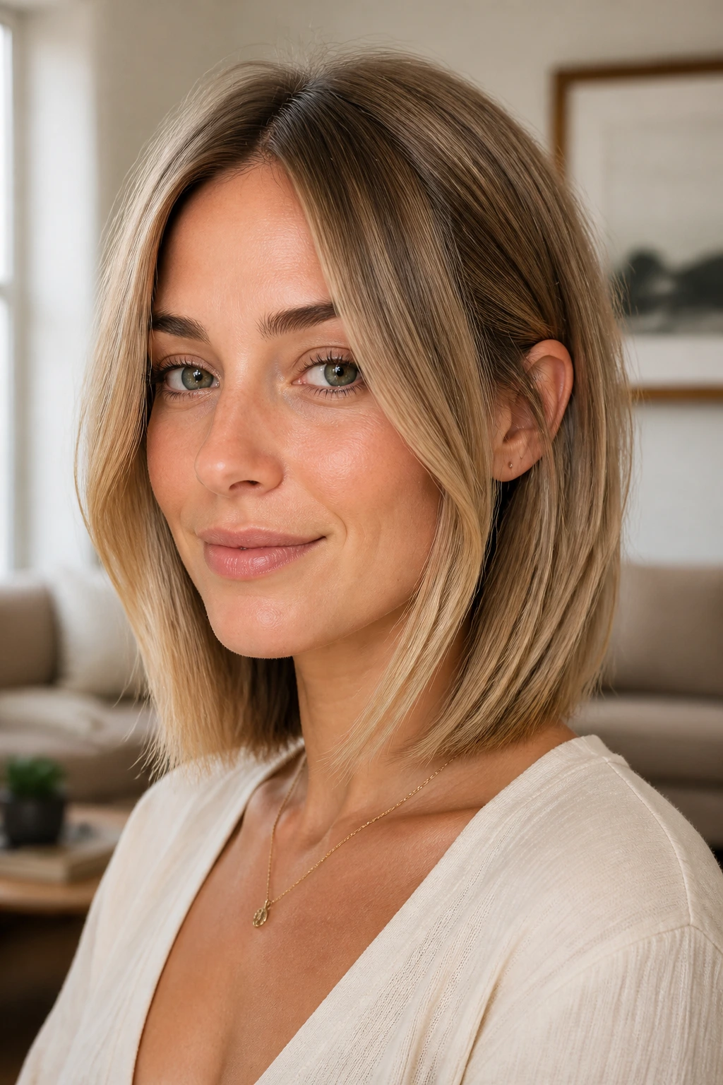 Close-up portrait of a real person with a face-framing lob; front pieces skim the cheeks and tuck behind the ears under soft window light.
