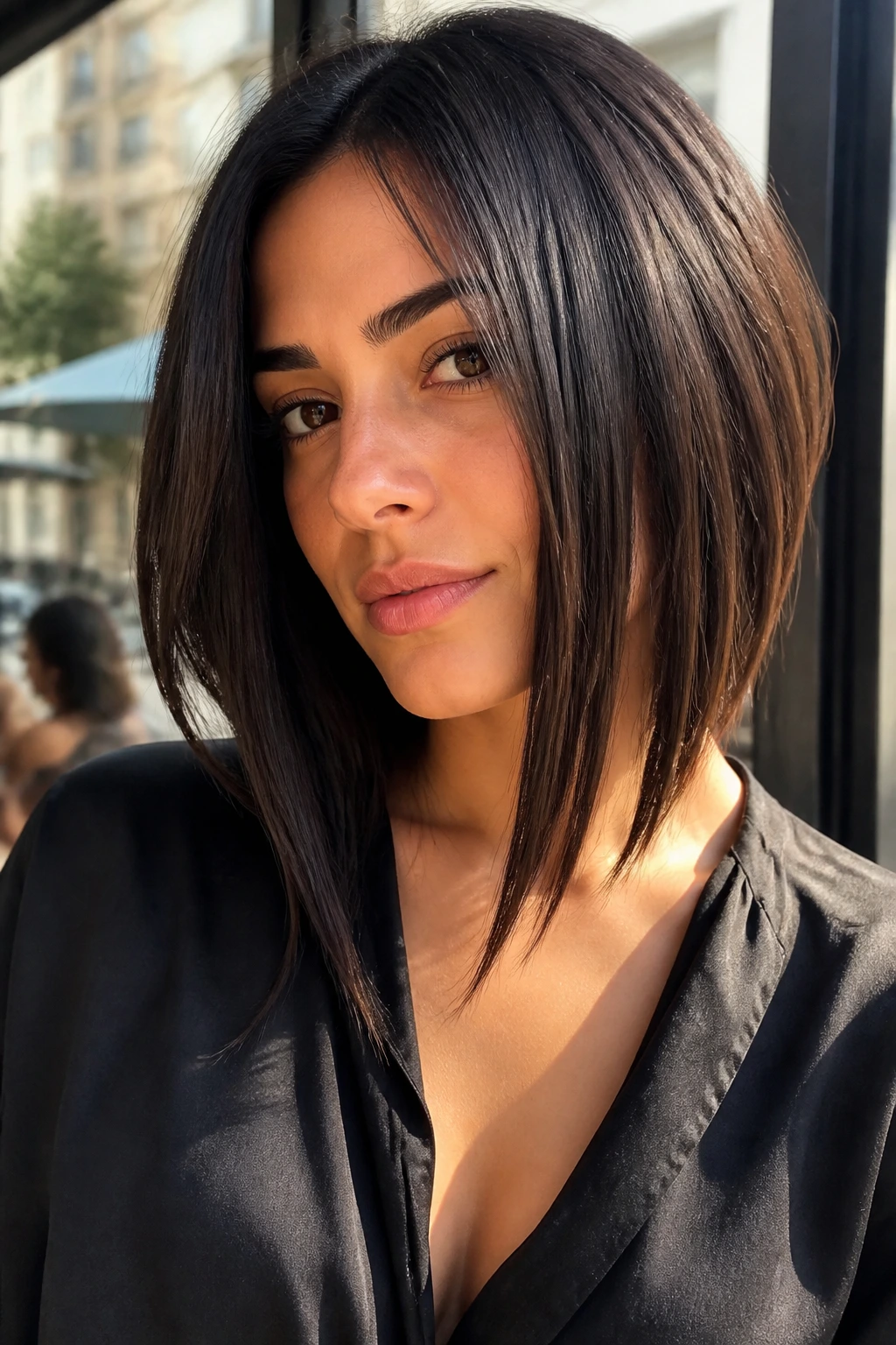 Close-up of a real woman with face-framing long angle haircut