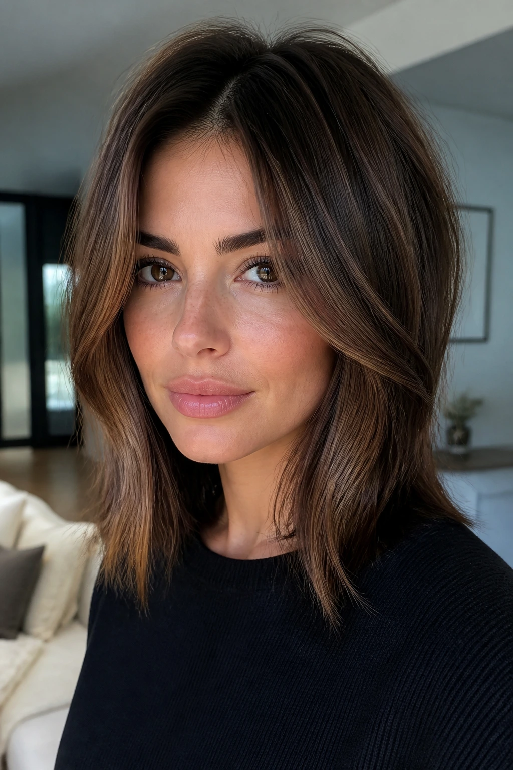 Portrait of a woman wearing a face-framing long bob.