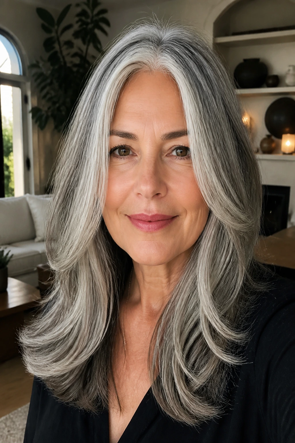 Portrait of woman with long gray hair face-framing cut with white streaks