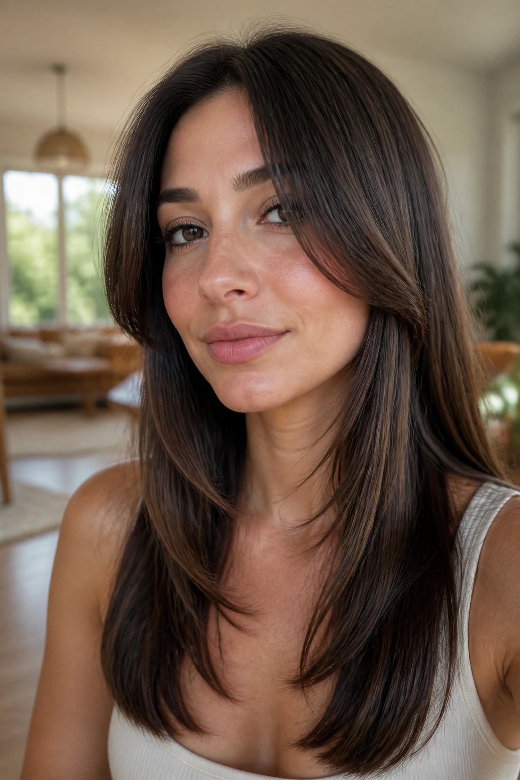 Close-up of a real woman with chin-length curtain pieces in a sunlit room