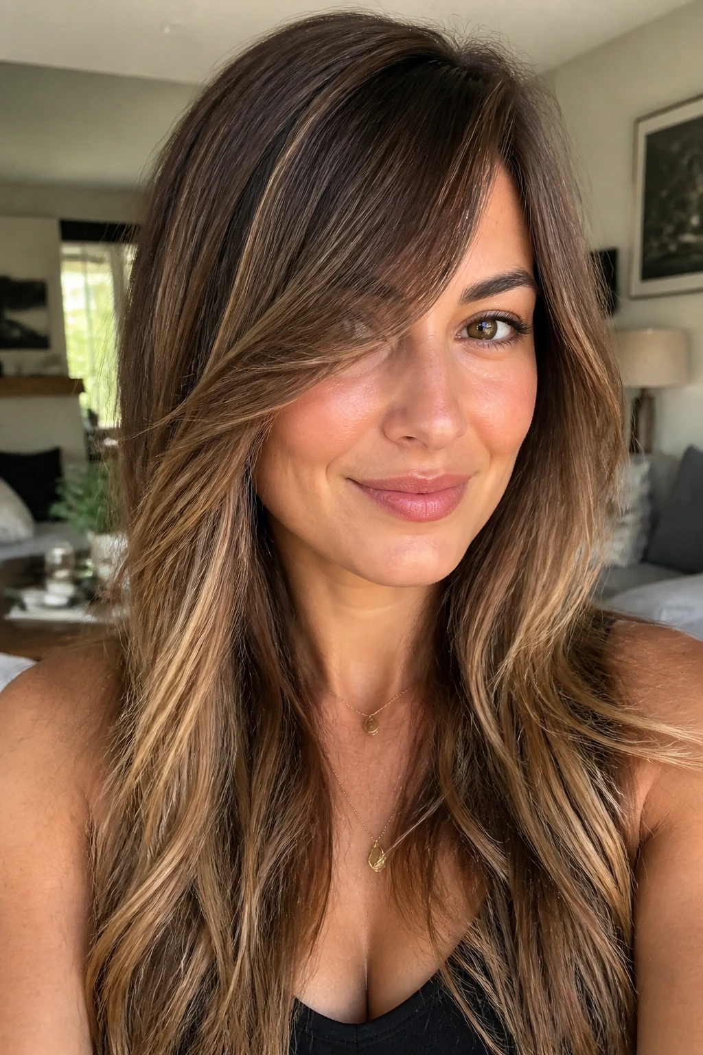 Close-up portrait of a real woman with face-framing long-layered side bangs in a bright living room