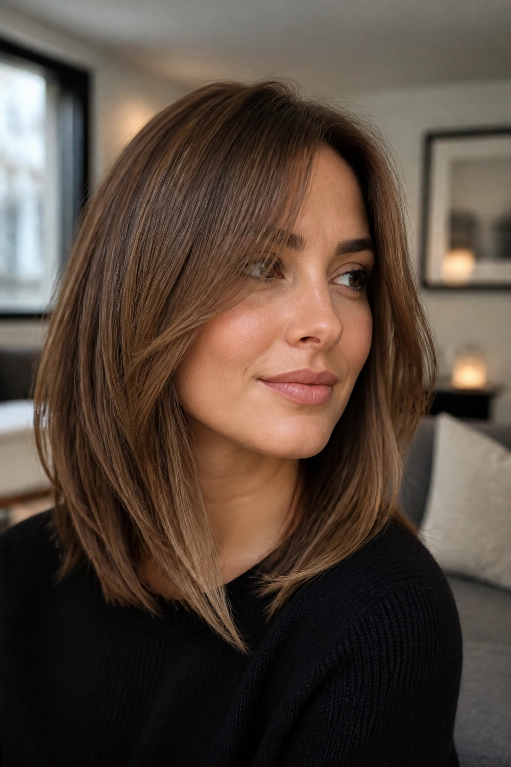 Close-up portrait of a real person with long face-framing lob layers.