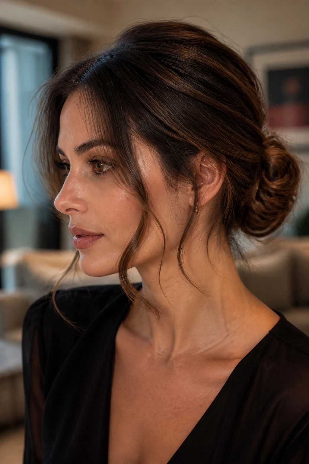 Close-up of a face-framing low bun with soft front pieces