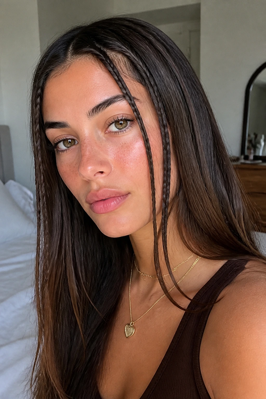 Close-up of a real woman with face-framing mini braids at the hairline