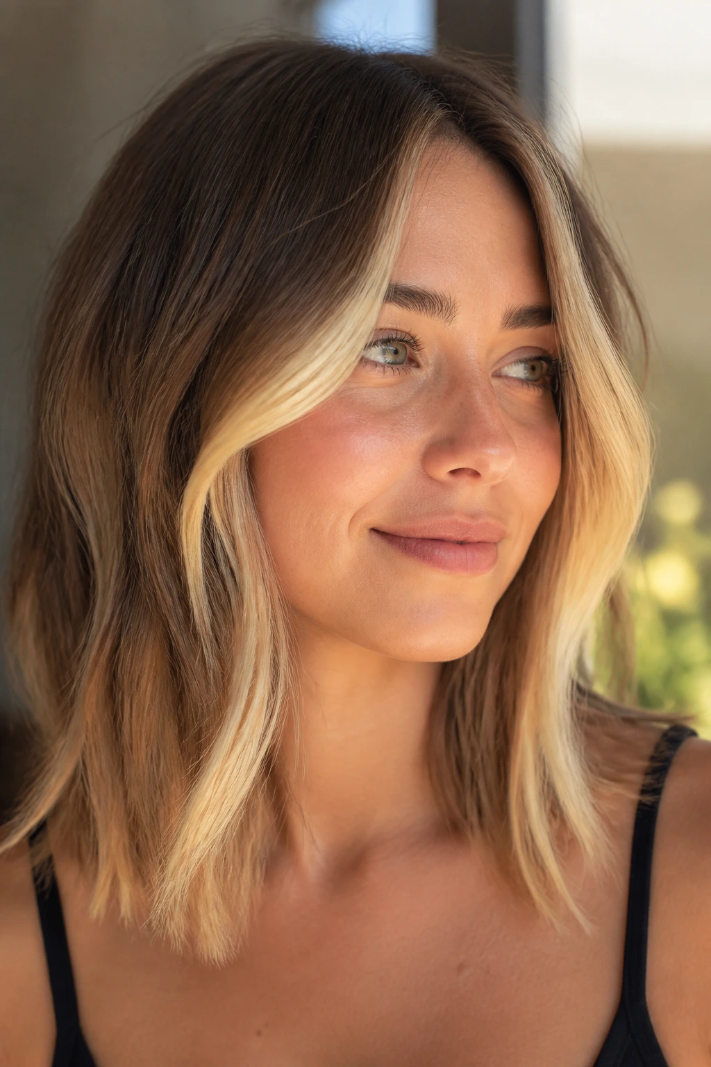 Close-up of a woman's face-framing money piece balayage on shoulder-length hair