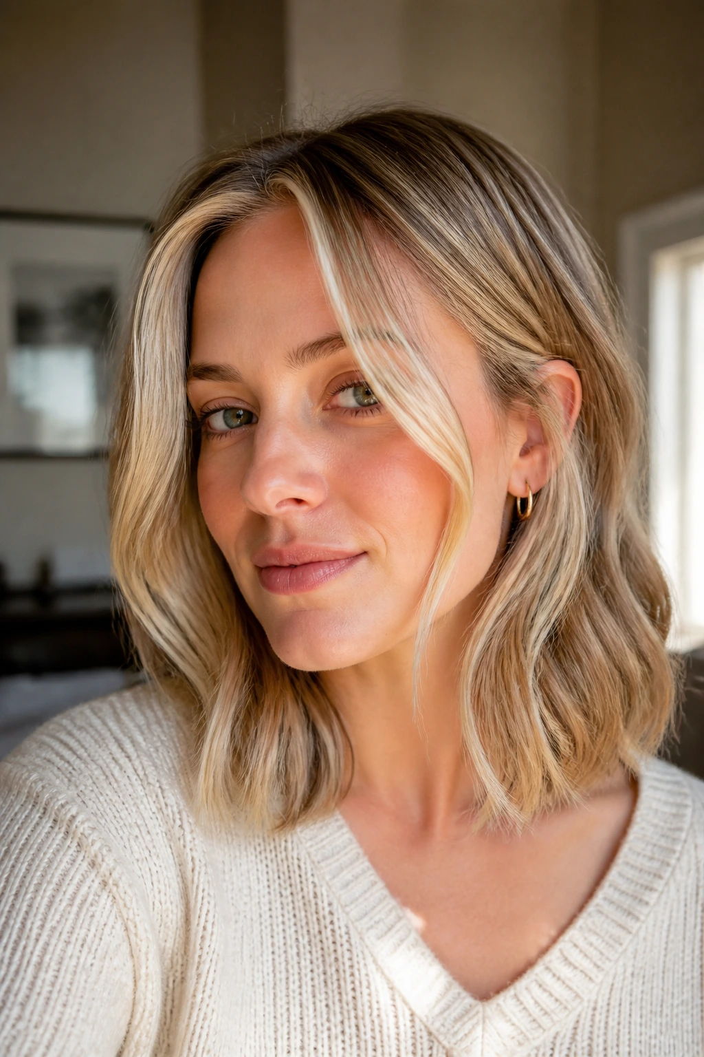 Close-up portrait of a real woman with money-piece blonde highlights framing the face