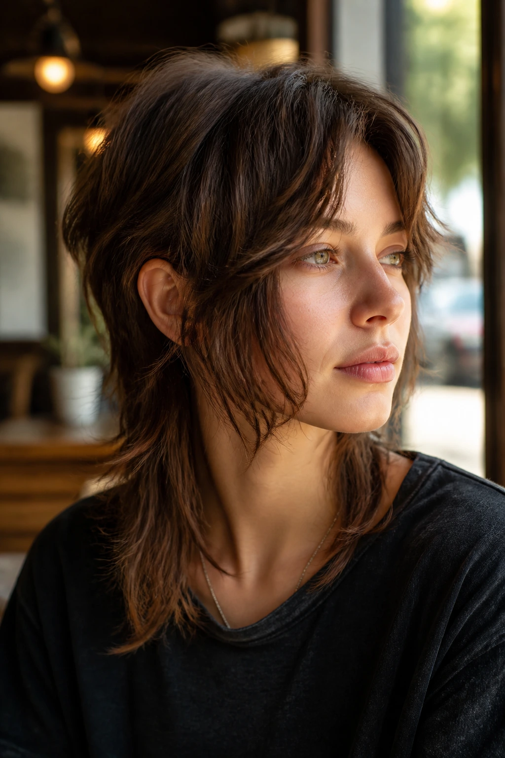 Close-up portrait of a real person with face-framing mullet in a sunlit cafe