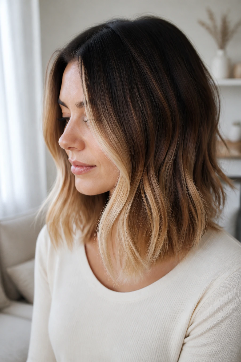 Real woman with front-framing lighter ombre on shoulder-length hair