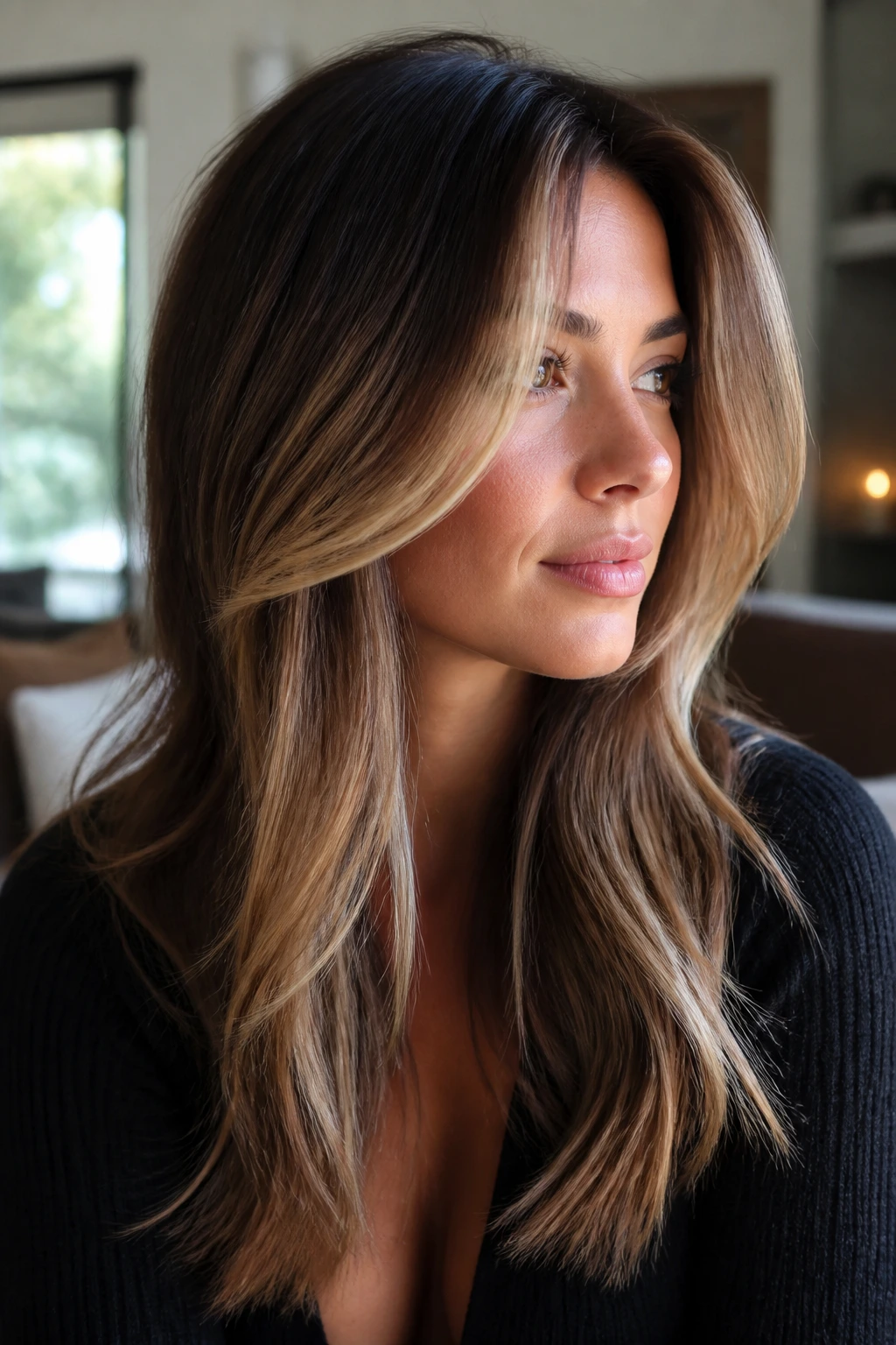 Close-up of a real woman with face-framing ombre on long layers hair