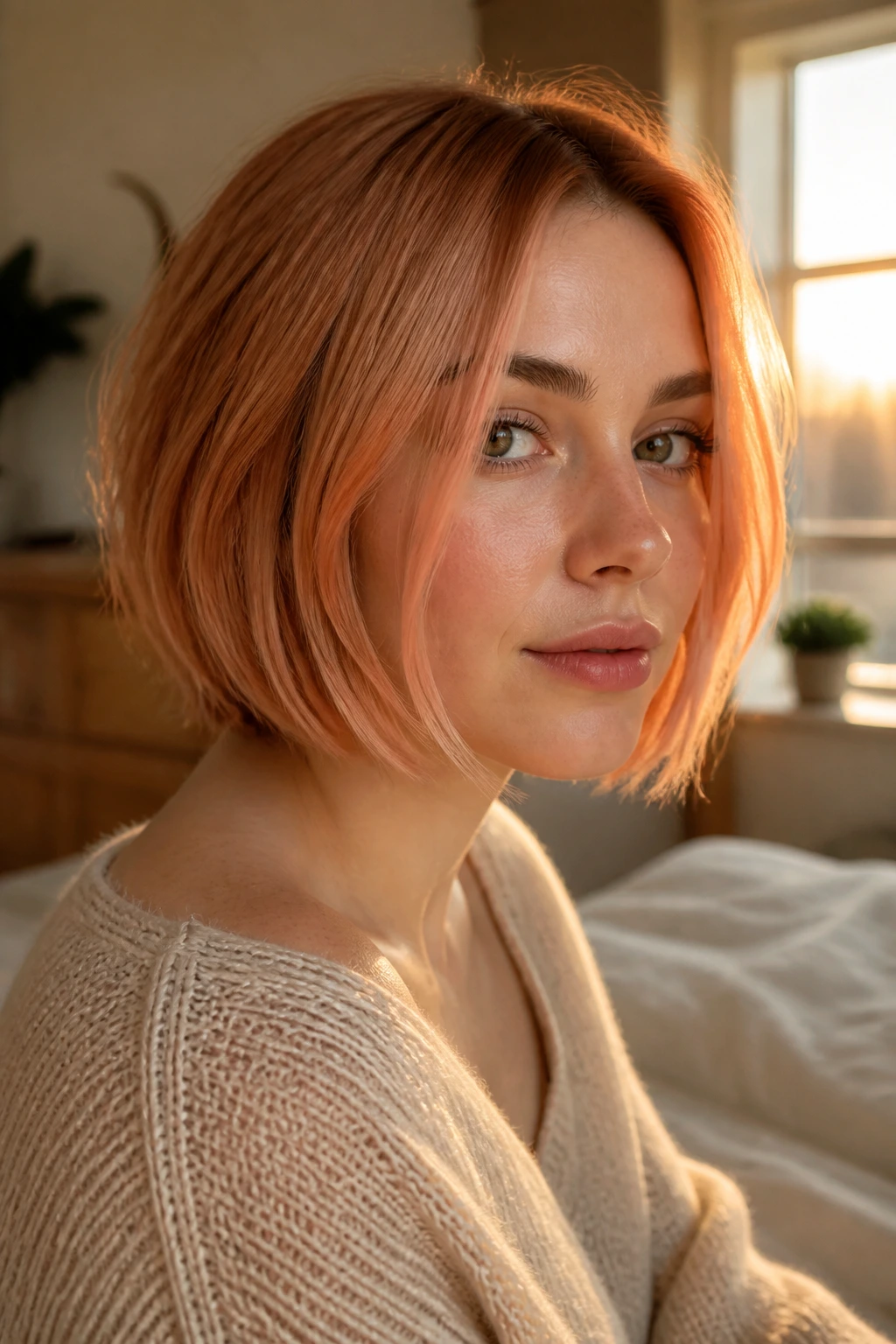 Close-up portrait of a real woman with peach copper face-framing bob by a window.