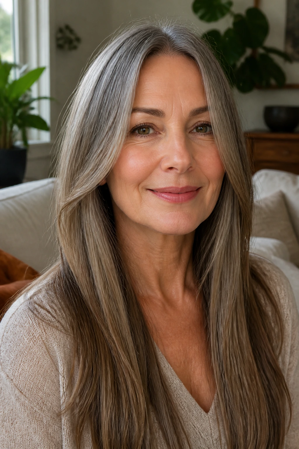 Woman with cheekbone-level face-framing pieces