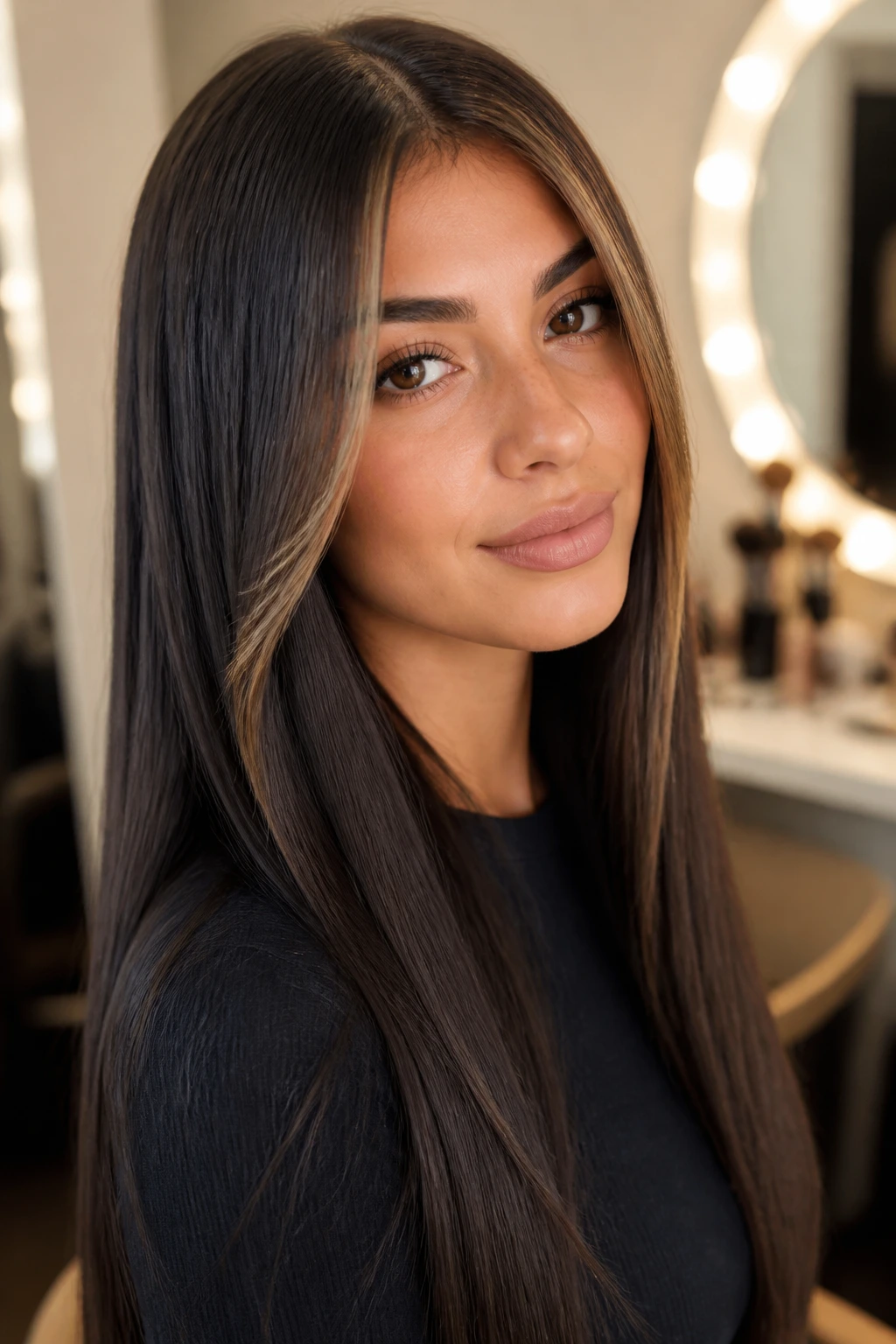 Portrait of a woman with face-framing front pieces framing the cheeks.
