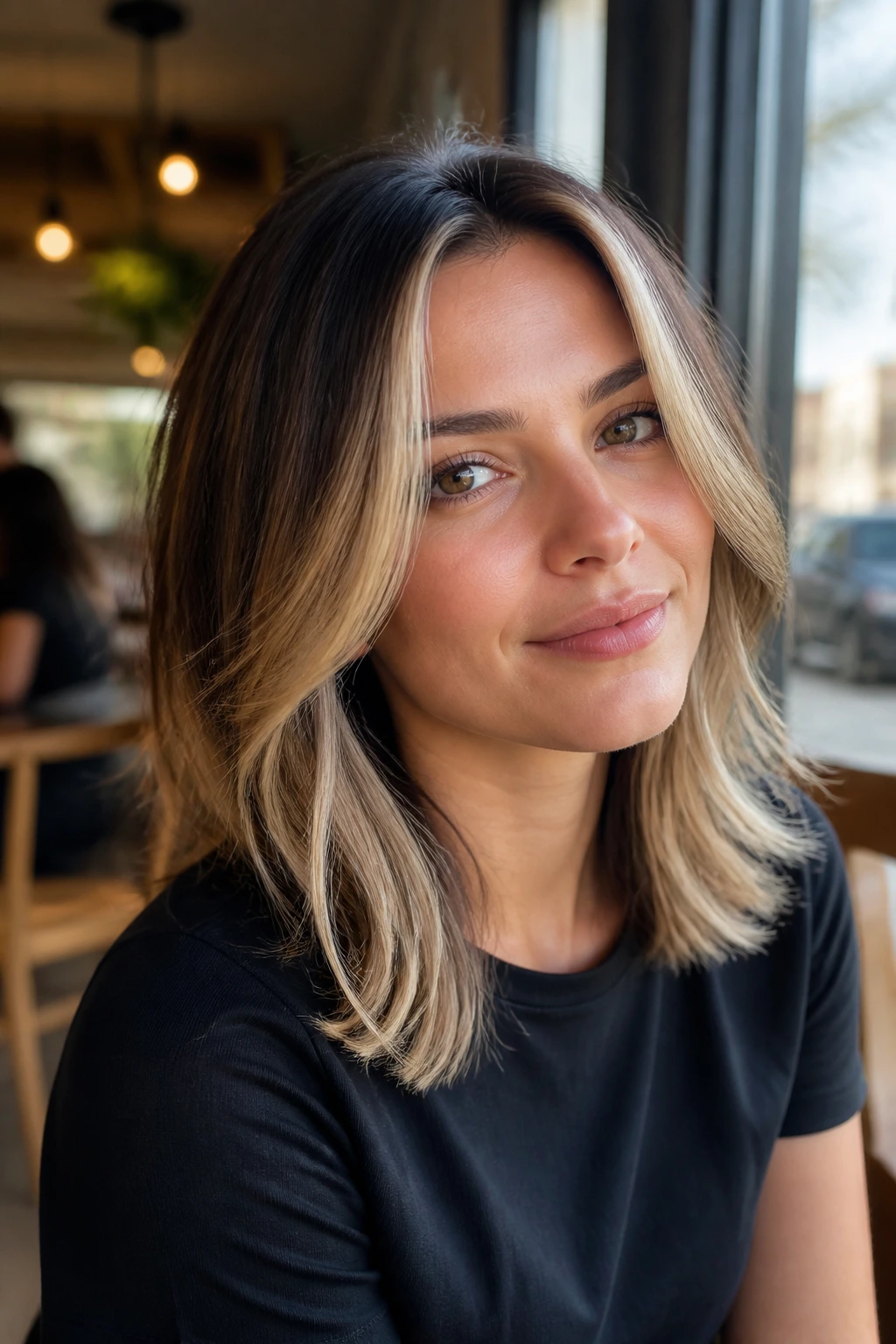 Close-up of a real person with bright face-framing pieces in a medium cut